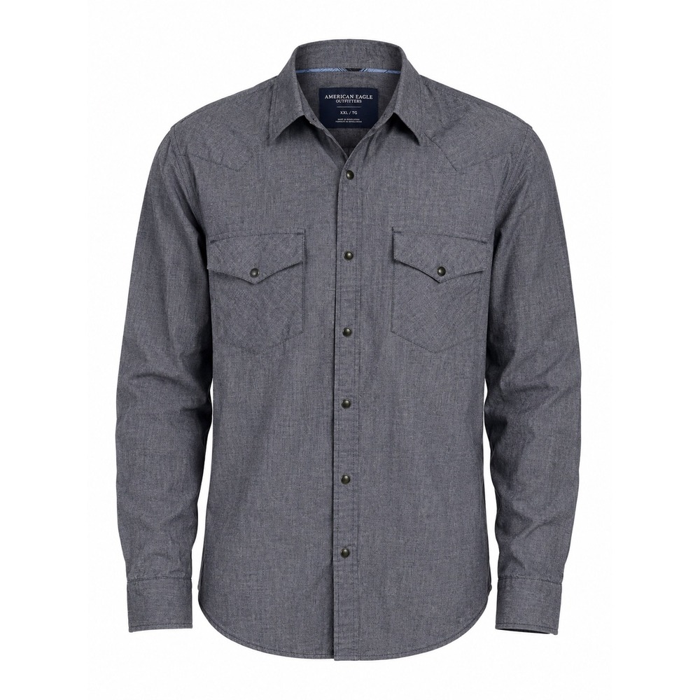 American Eagle Western Shirt Blue Gray Cotton Snap Front Vintage Fit XXL